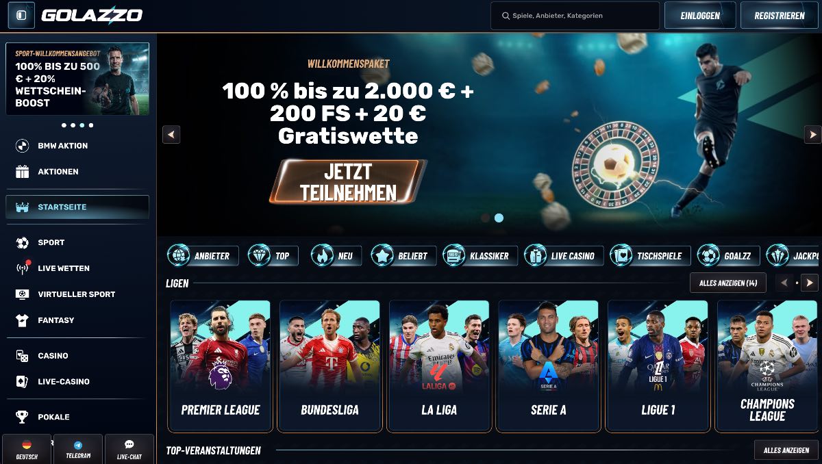 Golazzo kombiniert Sportwetten ideal mit einer großen Casino-Lobby und etabliert sich so als vielseitiger wettanbieter ohne lizenz, bei dem du ganz ohne deutsche Einschränkungen tippen und spielen kannst.